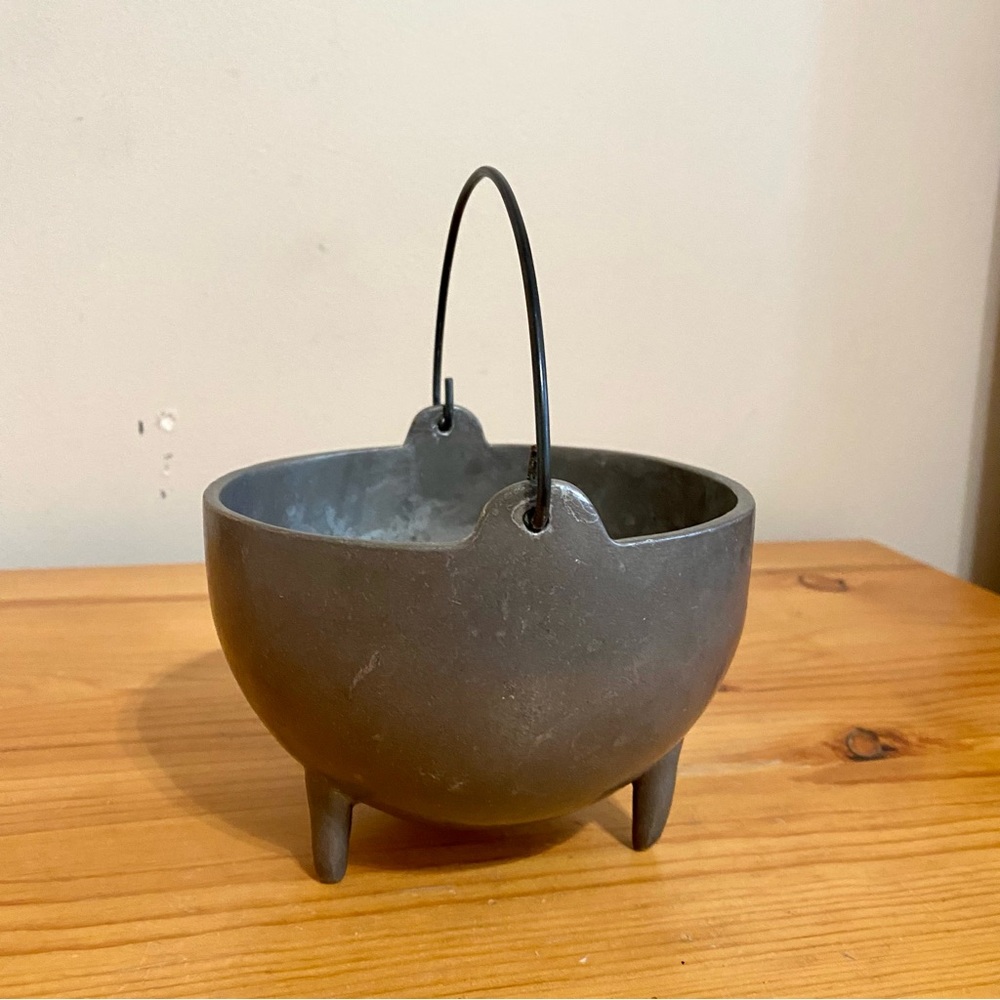 Antique Vintage Cauldron Pot Silver Gray Metal 3 Legged Handle